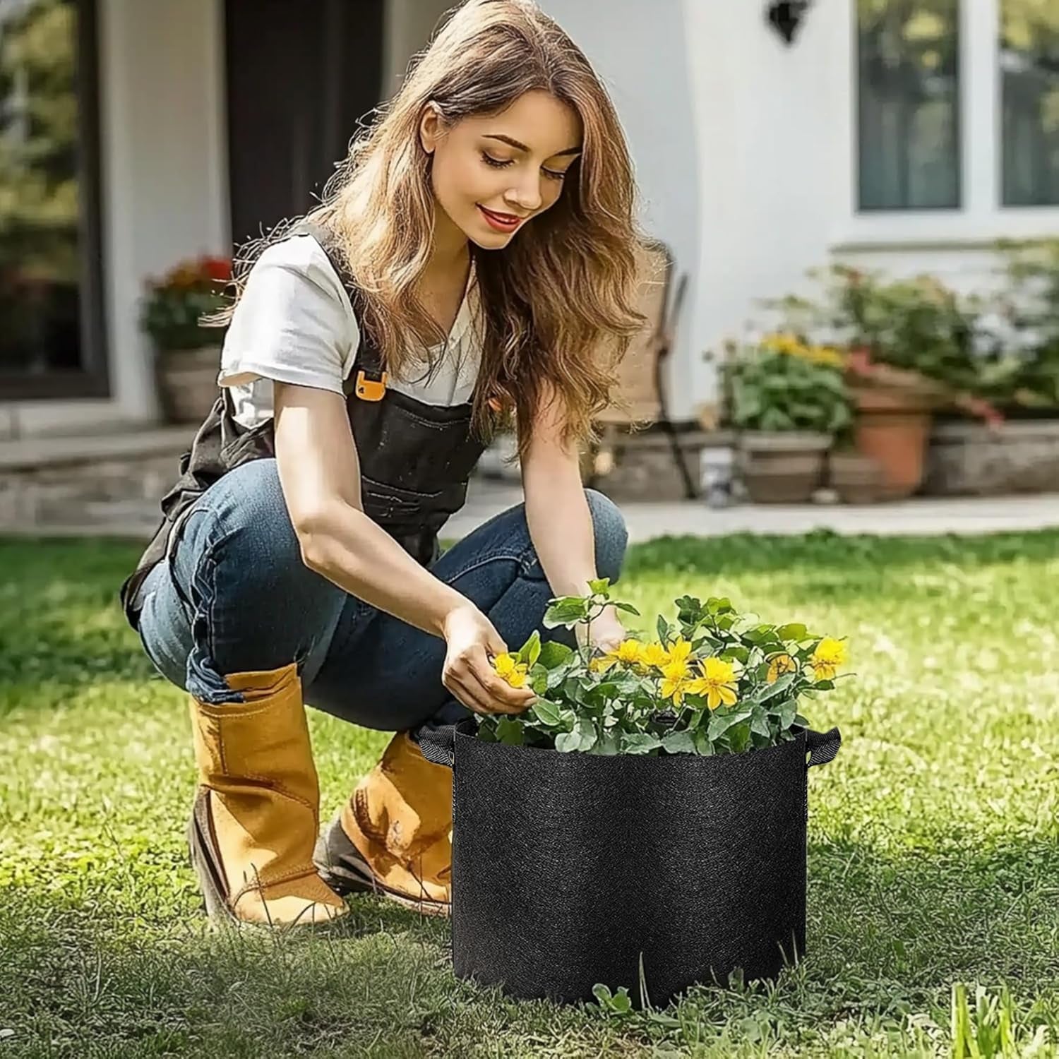 Fabric Plant Grow Bags with Handles 10 Gallon Pack of 5, Heavy Duty Nonwoven Smart Garden Pot Thickened Aeration Nursery Container Black for Outdoor Potato, Tomato, Chili, Carrot and Vegetables
