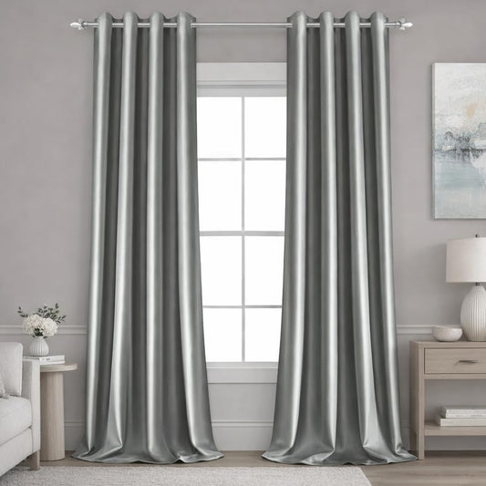 2 Panels Silver Grey Faux Silk Curtains Gray Blackout Curtains for Bedroom 52 X 96 Inch Room Darkening Satin Drapes/Curtains, Thermal Insulated Blackout Window Curtains for Living Room