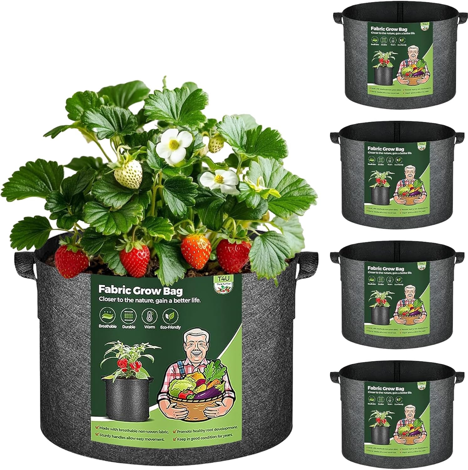 Fabric Plant Grow Bags with Handles 10 Gallon Pack of 5, Heavy Duty Nonwoven Smart Garden Pot Thickened Aeration Nursery Container Black for Outdoor Potato, Tomato, Chili, Carrot and Vegetables