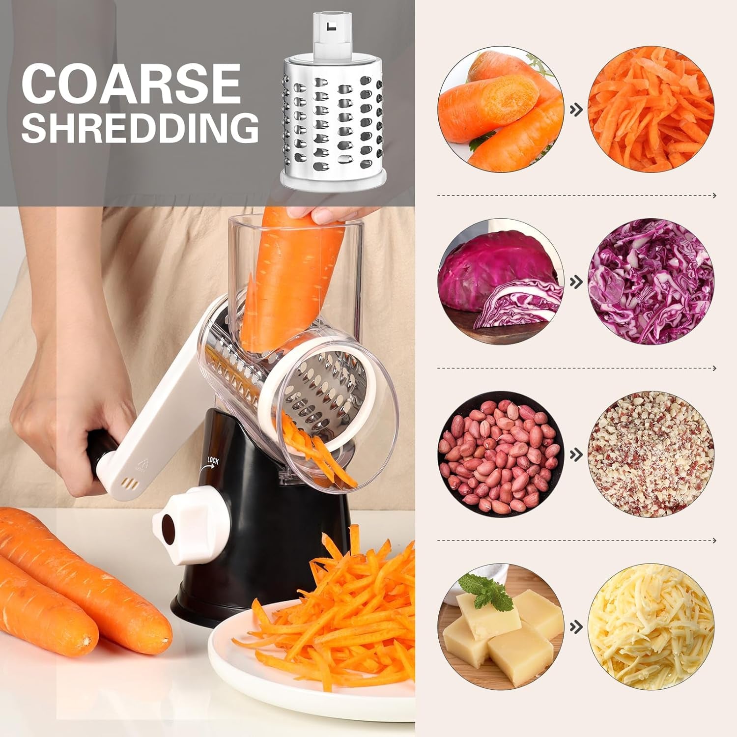 Rotary Cheese Grater Cheese Shredder -  Kitchen Manual Cheese Grater with Handle Vegetable Slicer Nuts Grinder 3 Replaceable Drum Blades and Strong Suction Base Free Cleaning Brush