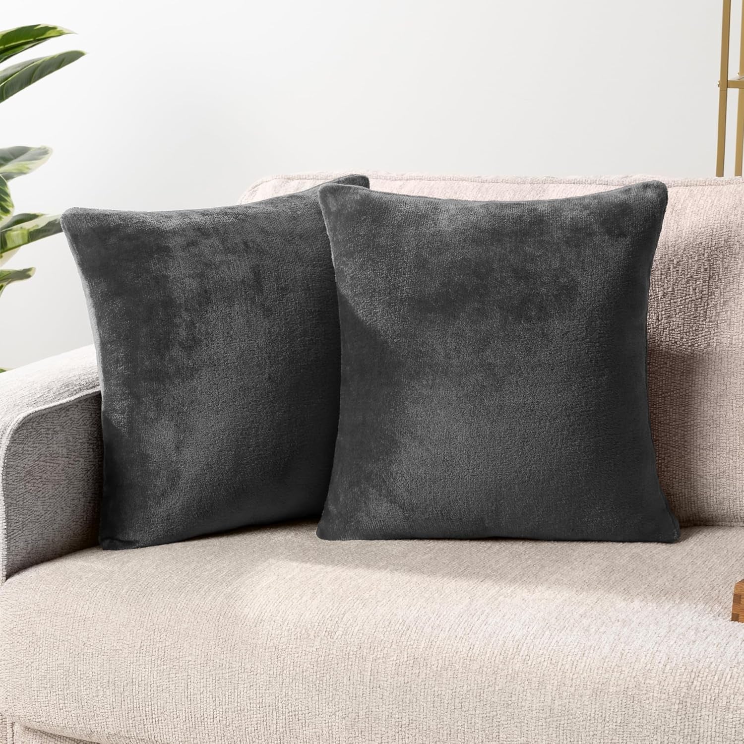 Decorative Throw Pillow Covers, Set of 2, 18X18, Solid Dark Gray | Square Pillow Case for Sofa Couch Bed Bedroom Living Room | Fleece Velvet Plush Soft Decor Accent Zipper Euro Cushion Cover