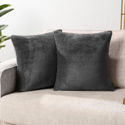 Decorative Throw Pillow Covers, Set of 2, 18X18, Solid Dark Gray | Square Pillow Case for Sofa Couch Bed Bedroom Living Room | Fleece Velvet Plush Soft Decor Accent Zipper Euro Cushion Cover
