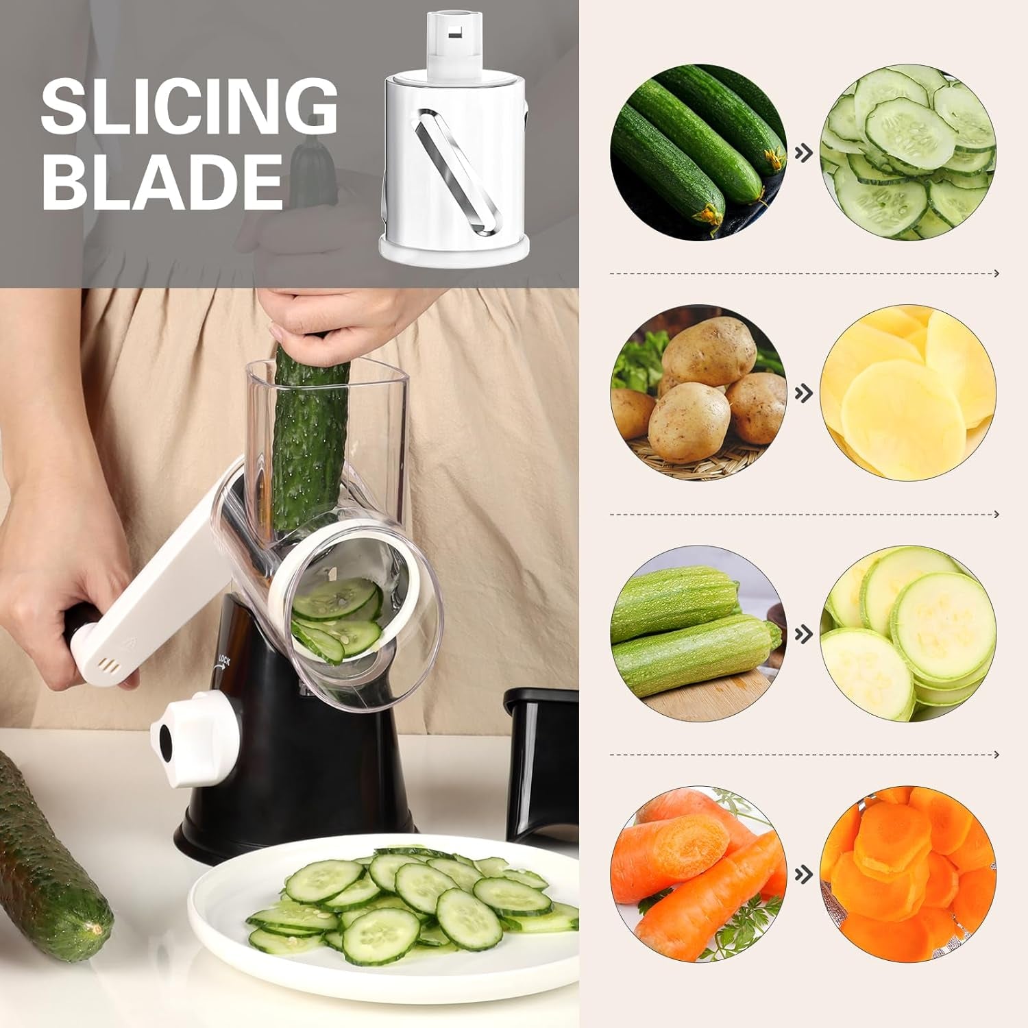 Rotary Cheese Grater Cheese Shredder -  Kitchen Manual Cheese Grater with Handle Vegetable Slicer Nuts Grinder 3 Replaceable Drum Blades and Strong Suction Base Free Cleaning Brush