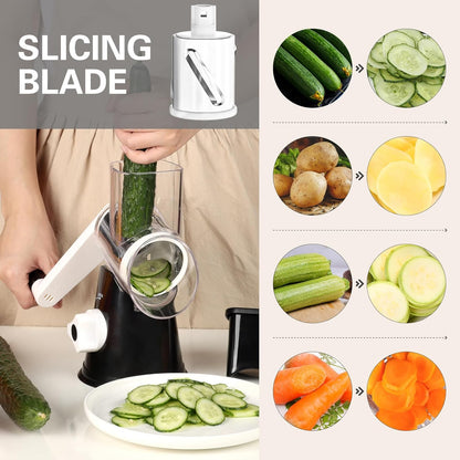 Rotary Cheese Grater Cheese Shredder -  Kitchen Manual Cheese Grater with Handle Vegetable Slicer Nuts Grinder 3 Replaceable Drum Blades and Strong Suction Base Free Cleaning Brush