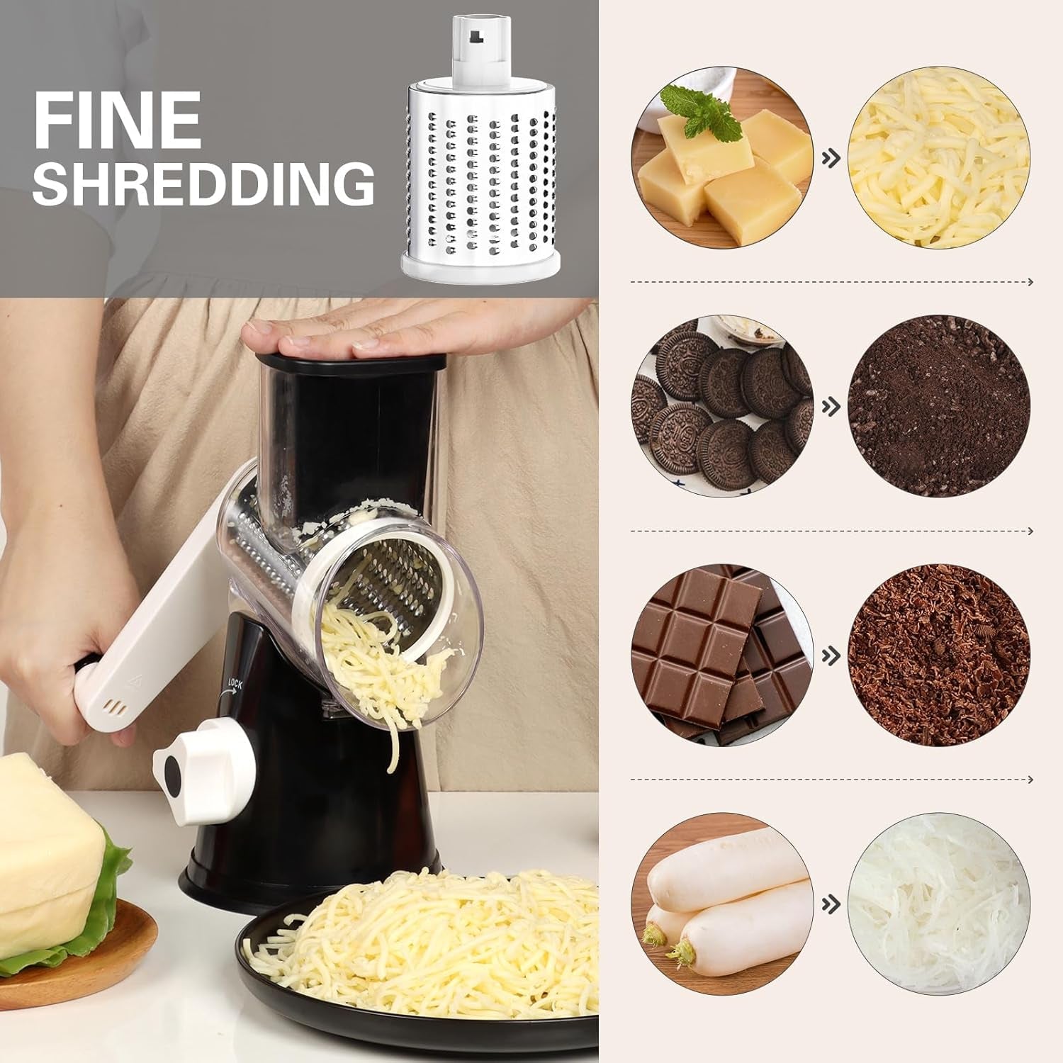 Rotary Cheese Grater Cheese Shredder -  Kitchen Manual Cheese Grater with Handle Vegetable Slicer Nuts Grinder 3 Replaceable Drum Blades and Strong Suction Base Free Cleaning Brush